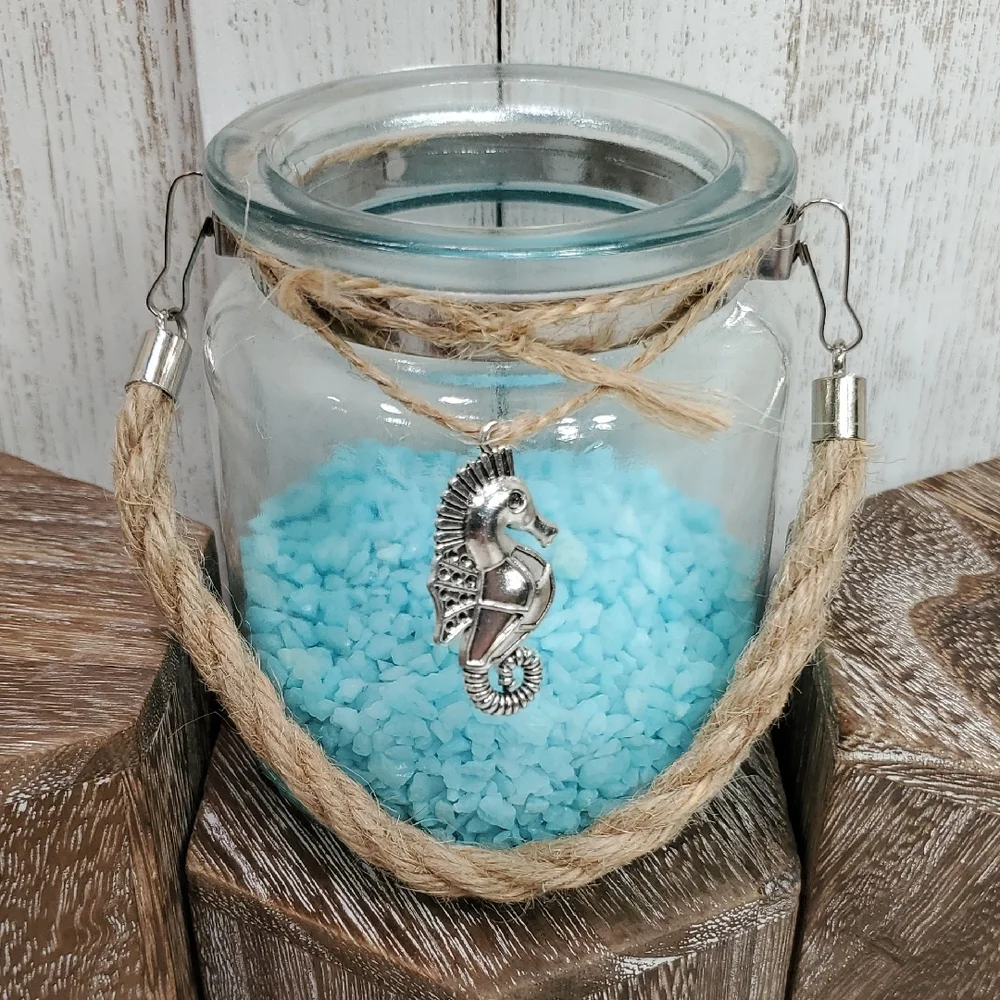 Silver Seahorse Charm Glass Jar Vase Twine Handle with Aqua Pebble Rocks